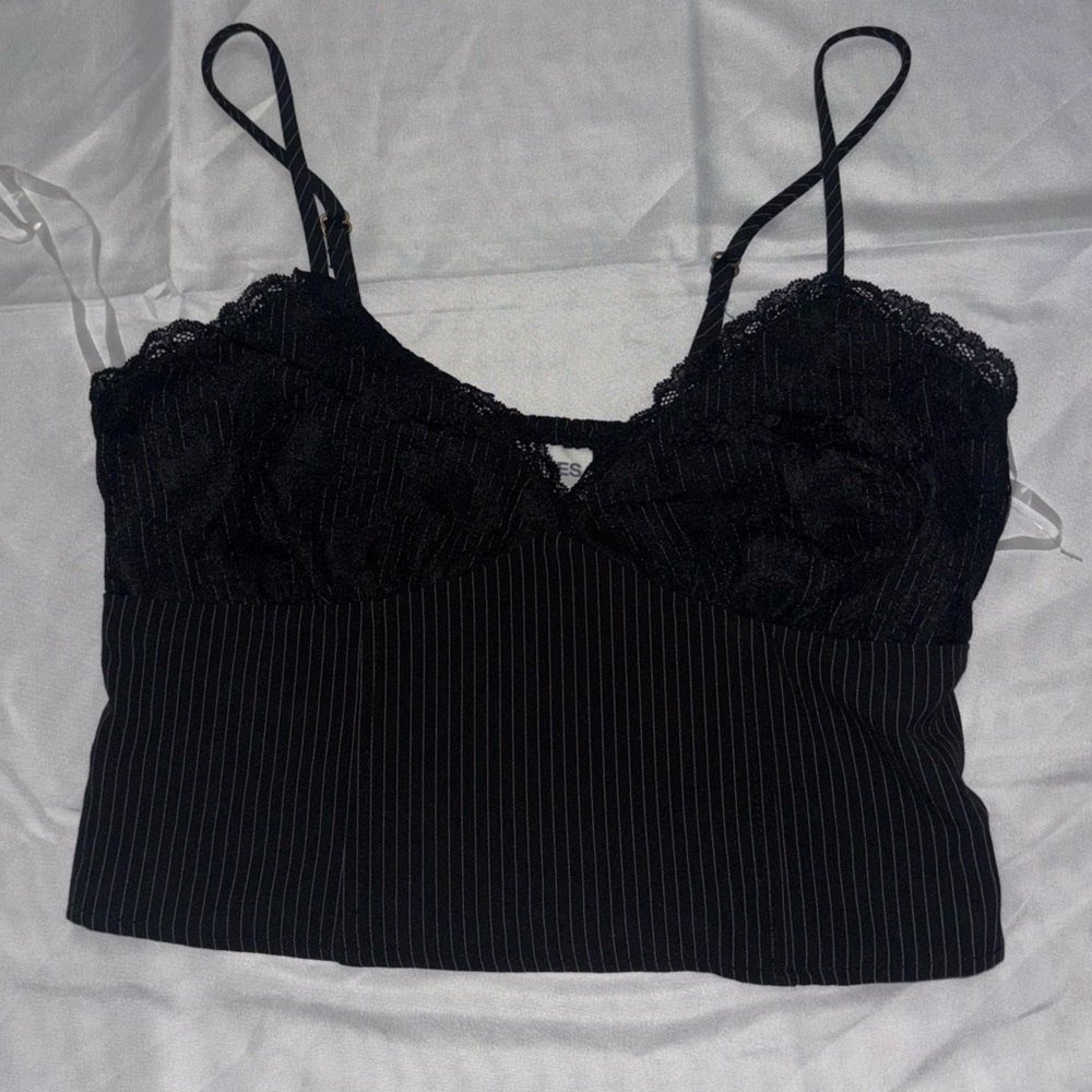 No Boundaries Black Lace Trim Striped Top